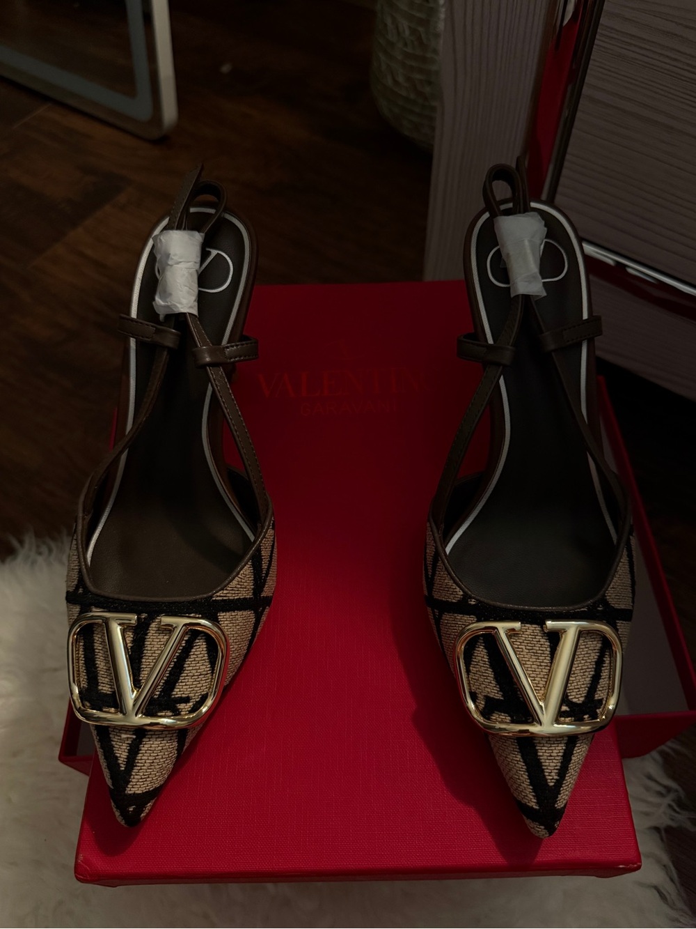 Valentino Brown Beige Monogram Pointed Toe Slingback Heels with Gold V